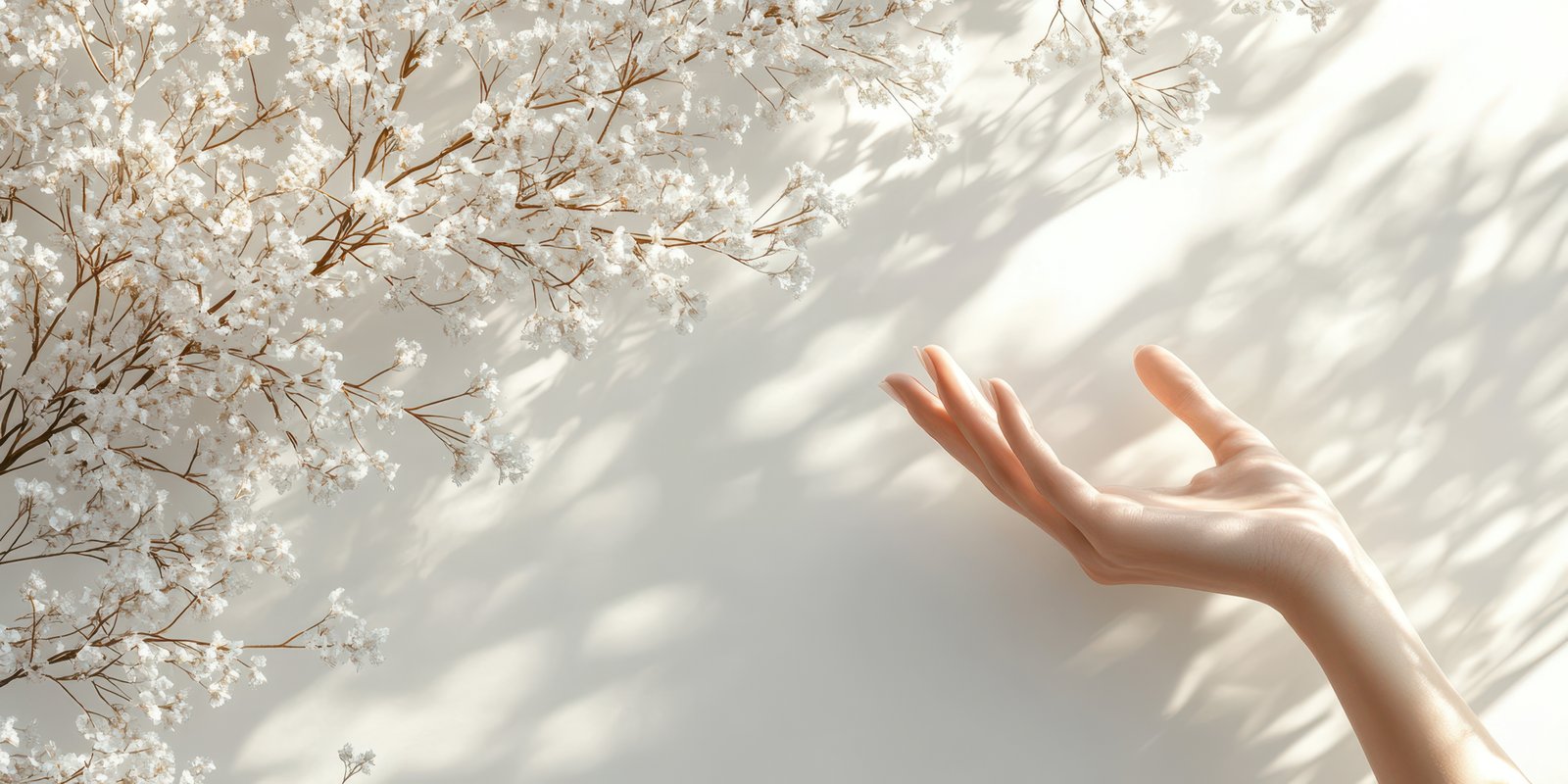 Delicate hand reaching out to touch soft white flowers on a light background in a serene indoor setting